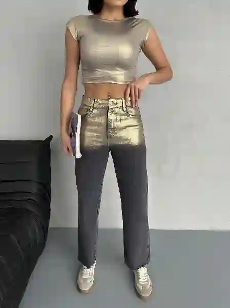 Resim Antrasit Altın Varak detaylı Mom Jeans