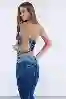 Resim Lacivert Yüksek Bel Yama Detaylı Mom Jeans