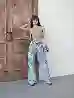 Resim Açik Mavi Wide Leg Kalıp Lazerli Denim Pantolon