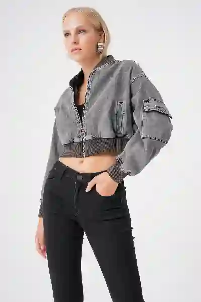 Resim Crop Oversize Lastikli Denim Bomber Ceket