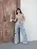 Resim Açik Mavi Wide Leg Kalıp Lazerli Denim Pantolon