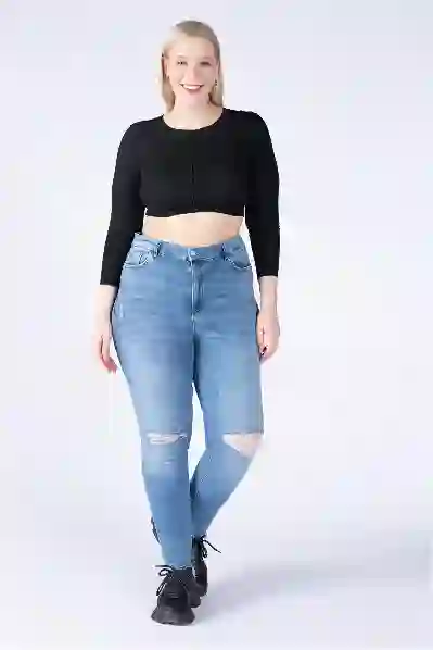 Resim Büyük Beden Mavi Yüksek Bel Diz Lazer Skinny Jeans