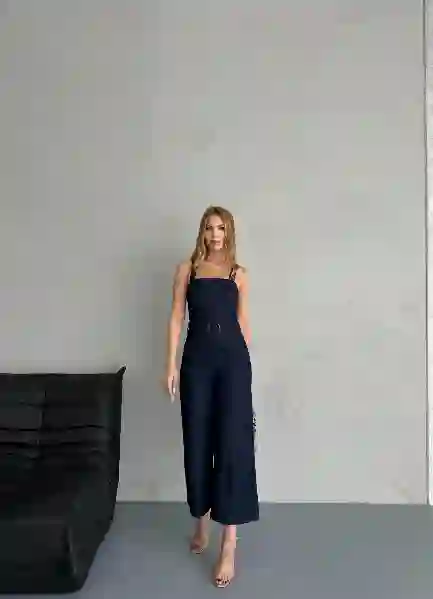 Resim Lacivert Salopet Bol Paça Denim Tulum