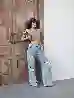 Resim Açik Mavi Wide Leg Kalıp Lazerli Denim Pantolon