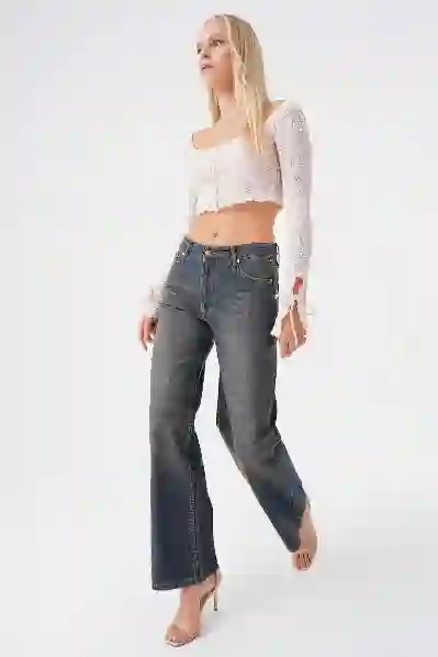 Resim Koyu Mavi Vintage Yikama Dusuk Bel Wide Leg Jean