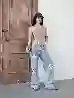 Resim Açik Mavi Wide Leg Kalıp Lazerli Denim Pantolon
