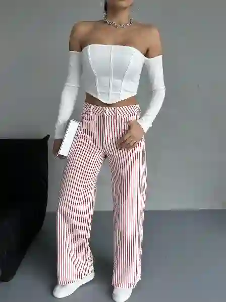 Resim Beyaz Kırmızı Çizgi Detaylı Wide Leg Gabardin Pantolon