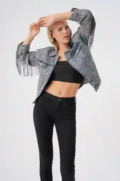 Resim Mavi Vintage Yikama Parlak Pul Detayli Oversize Denim Ceket