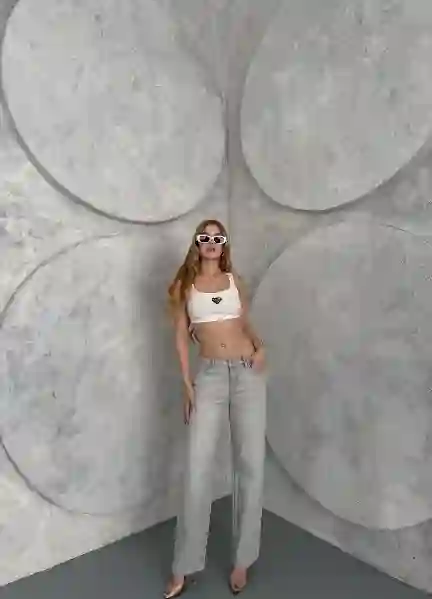 Resim Açik Gri Wide Leg Denim Pantolon