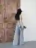 Resim Açik Mavi Wide Leg Kalıp Lazerli Denim Pantolon