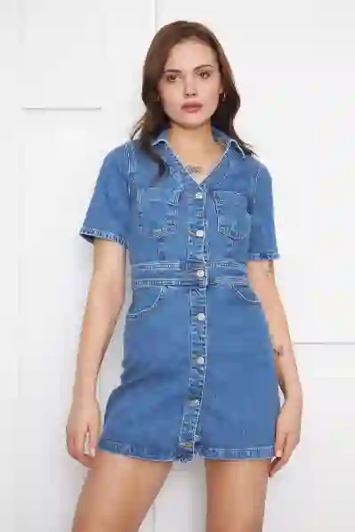Resim Kısa Kol Denim Elbise