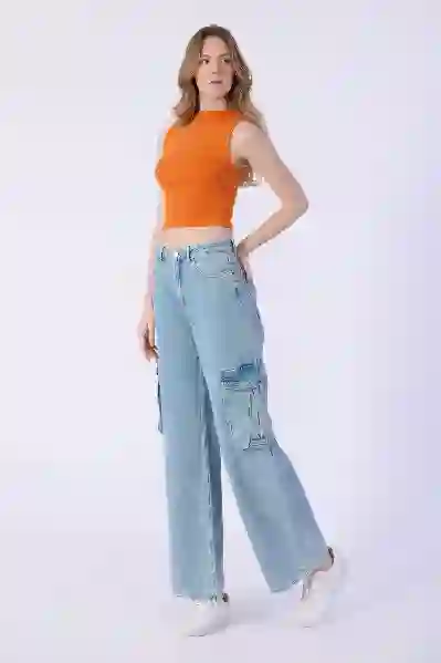 Resim Açık Mavi Yüksek Bel Kargo Cepli Wide Leg Pantolon