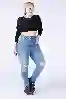 Resim Büyük Beden Mavi Yüksek Bel Diz Lazer Skinny Jeans