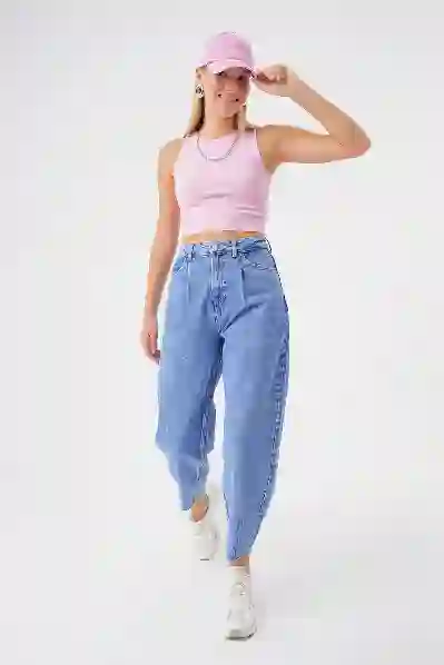 Resim Pileli Yuksek Bel Balloon Skater Jean