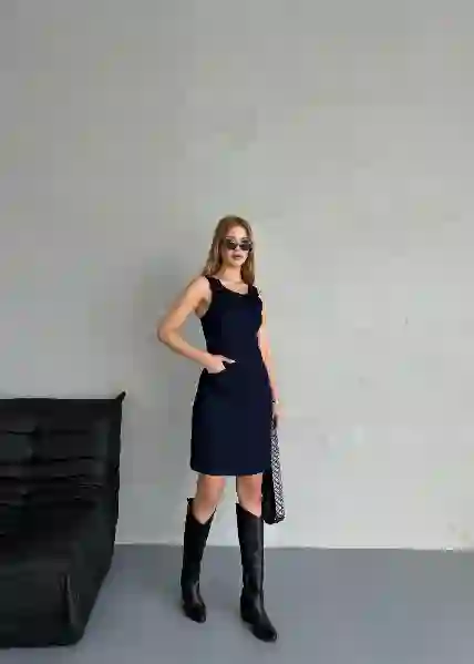 Resim Askılı Denim Elbise