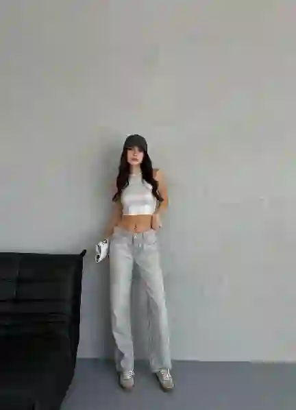 Resim Açik Gri Wide Leg Kalıp Denim Pantolon