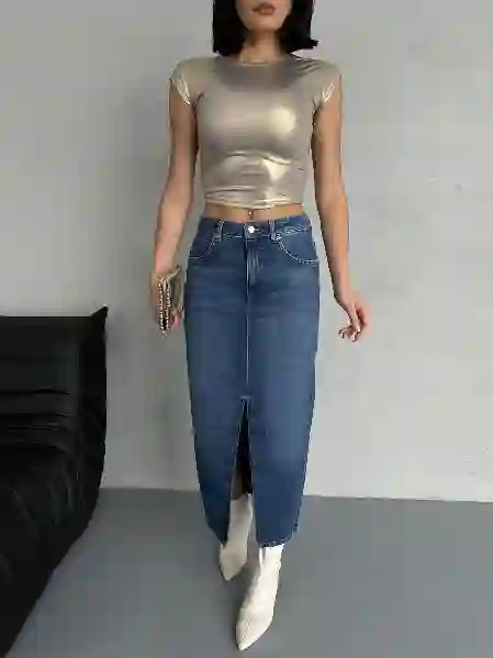 Resim Mavi Ön Yırtmaç Detaylı Jean Etek