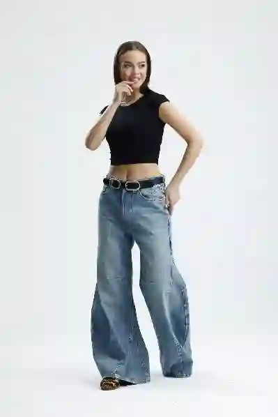 Resim Wide Leg Dikiş Detaylı Denim Jean Pantolon