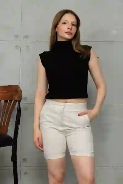Resim Krem Taşlı Slım Fit Dar Kesim Şort