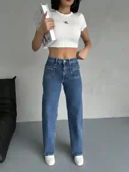 Resim Mavi Ön Cep Detaylı Wide Leg Jean