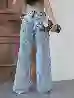 Resim Açik Mavi Wide Leg Kalıp Lazerli Denim Pantolon