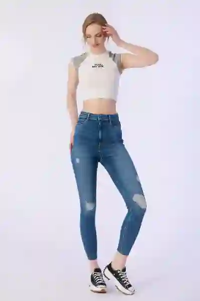 Resim Skınny Cep Kapalı Dizler Lazerlı Paça Kesik Denim Pantolon