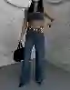 Resim Mavi Wide Leg kemer Düğmelı Ön Cepler Jeans Pantolon