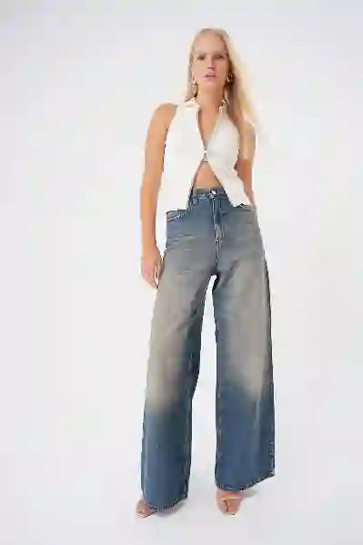 Resim Yuksek Bel Bol Kesim Wide Leg Jean